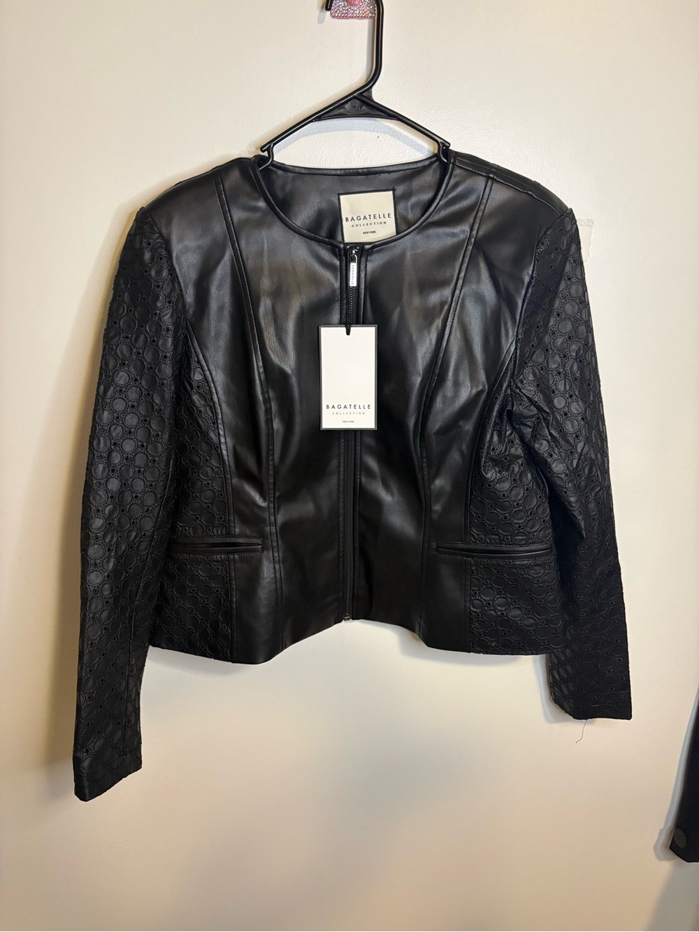 bagatelle Black Faux Leather Jacket with Lace-Pattern Sleeves